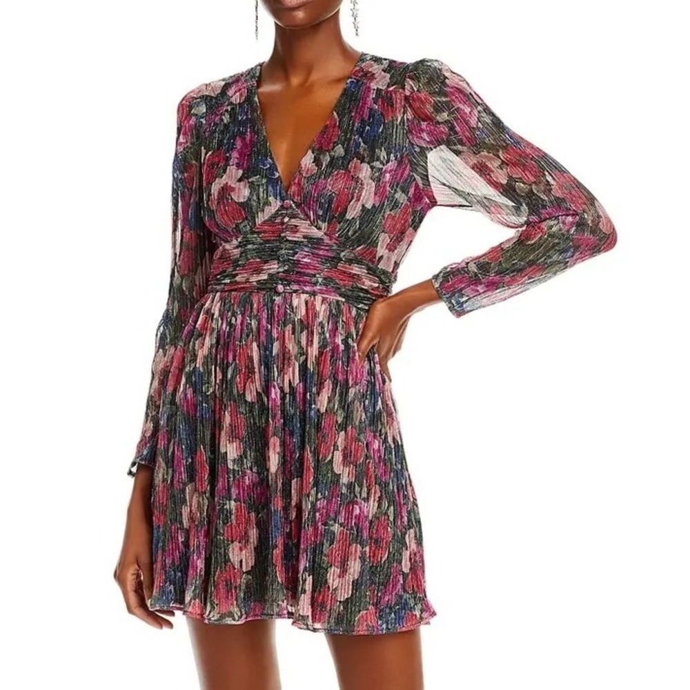 AQUA Women Metallic Floral V-Neck Ruched‎ Mini Dress Long Sleeve Pink Blue Small